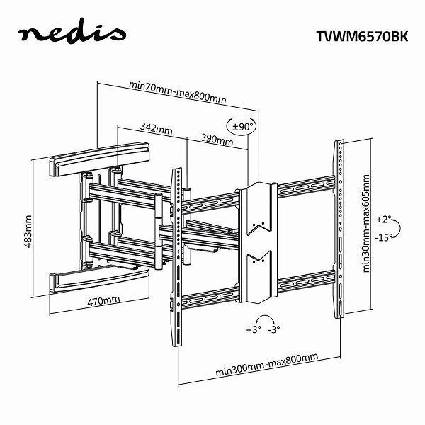 Nedis TVWM6570BK TV mounts LED / LCD / PLASMA TV / 43-90" / Max 70kg hind ja info | Teleri seinakinnitused ja hoidjad | hansapost.ee