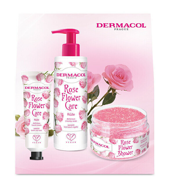 Kehahoolduskomplekt Dermacol Rose Flower Care I naistele: kätepesuseep, 250 ml + kehakoorija, 200 g + kätekreem, 30 ml цена и информация | Kehakreemid, kehaõlid ja losjoonid | hansapost.ee