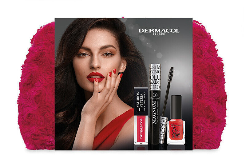 Dekoratiivkosmeetika komplekt Dermacol Magnum gift: ripsmetušš Magnum Black, 9 ml + matt vedel huulepulk Hyaluron Hysteria 07, 4,5 ml + küünelakk 5 Days Stay 21, 11 ml + kosmeetikakott hind ja info | Lauvärvid, ripsmetušid ja silmapliiatsid | hansapost.ee