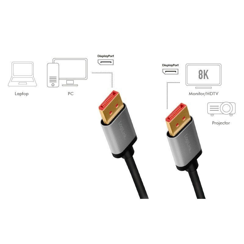 LogiLink DisplayPort kaabel 8K / 60 Hz, DP / M kuni DP / M, alu. 1 m hind ja info | Juhtmed ja kaablid | hansapost.ee