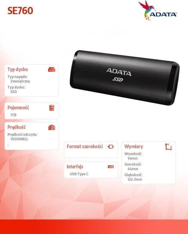 Adata SE760 ASE760-1TU32G2-CBK цена и информация | Välised kõvakettad | hansapost.ee