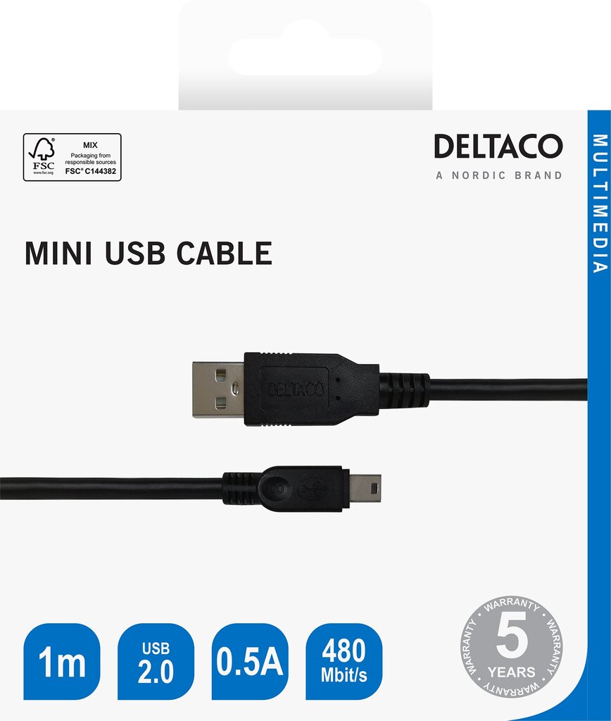 Deltaco R00140007, USB-A, Mini USB-B, 1 m цена и информация | Juhtmed ja kaablid | hansapost.ee