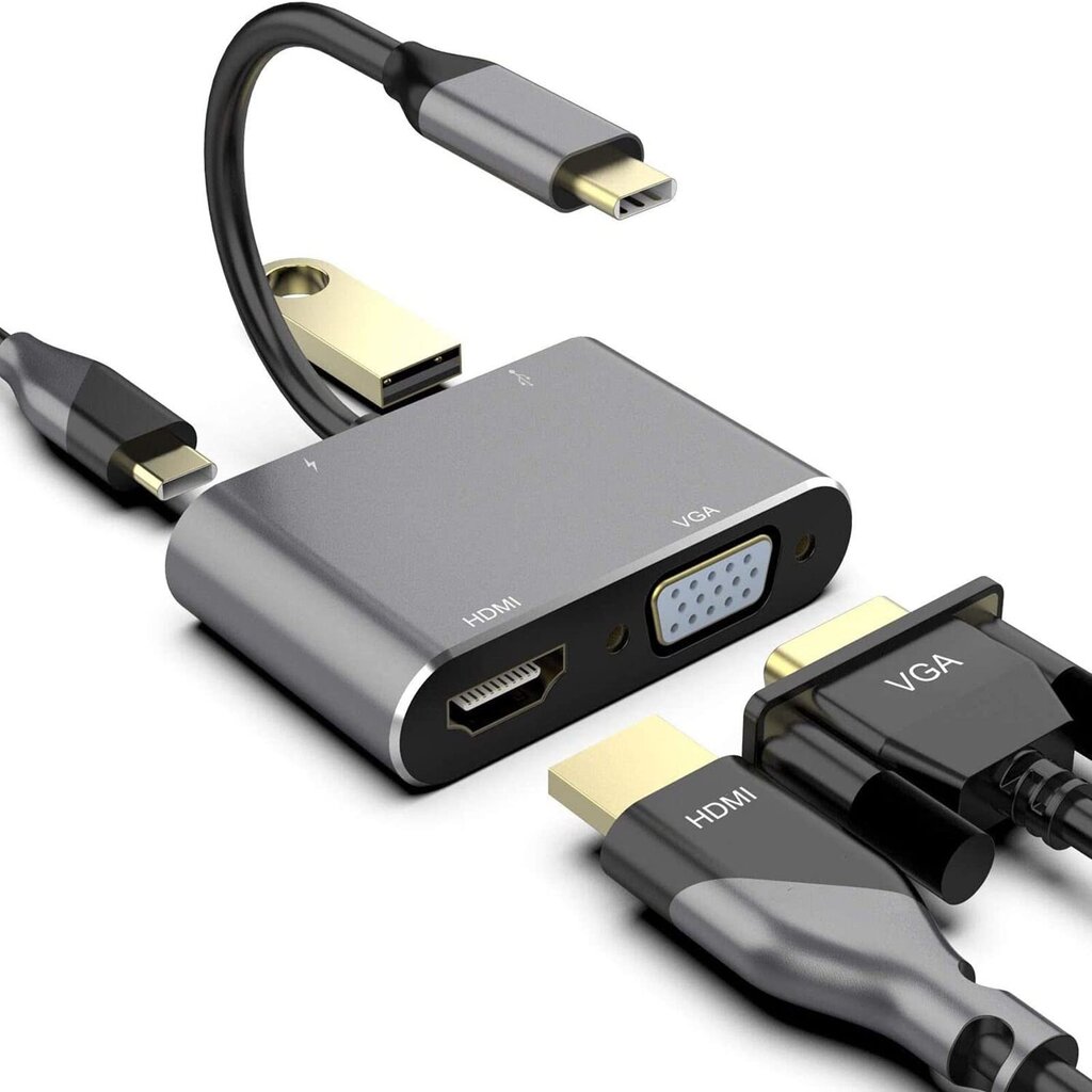 RoGer USB-C Multimedia Adapter HDMI 4K@30Hz / VGA 1080p / USB 3.0 / USB-C PD / Grey hind ja info | USB adapterid ja jagajad | hansapost.ee