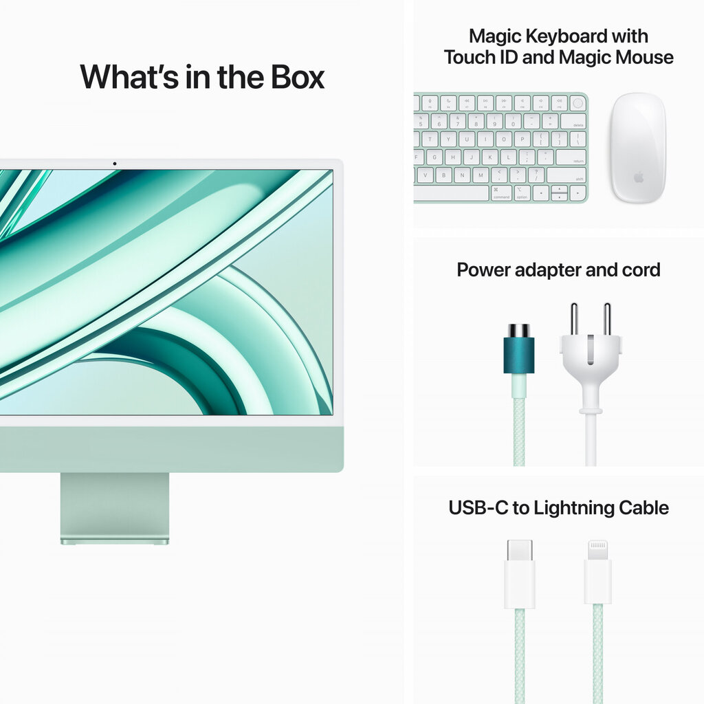 iMac 24” 4.5K Retina, Apple M3 8C CPU, 10C GPU/8GB/512GB SSD/Green/INT - MQRP3ZE/A цена и информация | Lauaarvutid | hansapost.ee