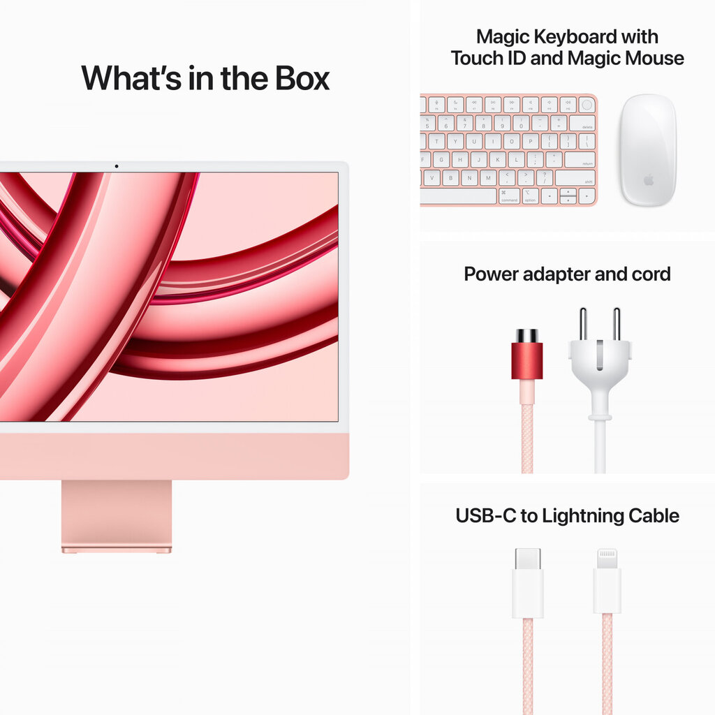 iMac 24” 4.5K Retina, Apple M3 8C CPU, 8C GPU/8GB/256GB SSD/Pink/INT - MQRD3ZE/A hind ja info | Lauaarvutid | hansapost.ee