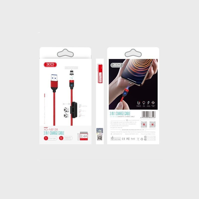 XO cable magnetic NB128 3in1 USB - Lightning + USB-C + microUSB 1,0 m 2,4A red цена и информация | Mobiiltelefonide kaablid | hansapost.ee