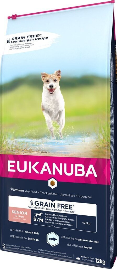 Kuivtoit väikestest ja keskmistest tõugudest koertele Eukanuba Senior kalaga, 12 kg hind ja info | Koerte kuivtoit ja krõbinad | hansapost.ee