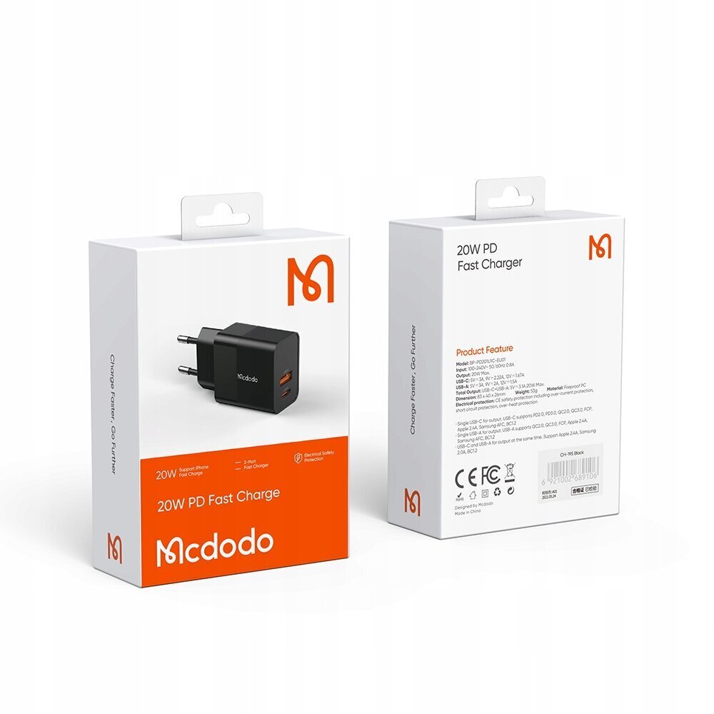 Mcdodo telefonilaadija, kiire, USB, USB-C, 20W, Iphone'ile, universaalne, must hind ja info | Laadijad mobiiltelefonidele | hansapost.ee