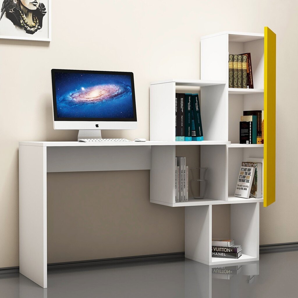 Kirjutuslaud riiuliga Kalune Design 845 (I), valge/kollane цена и информация | Arvutilauad, kirjutuslauad | hansapost.ee