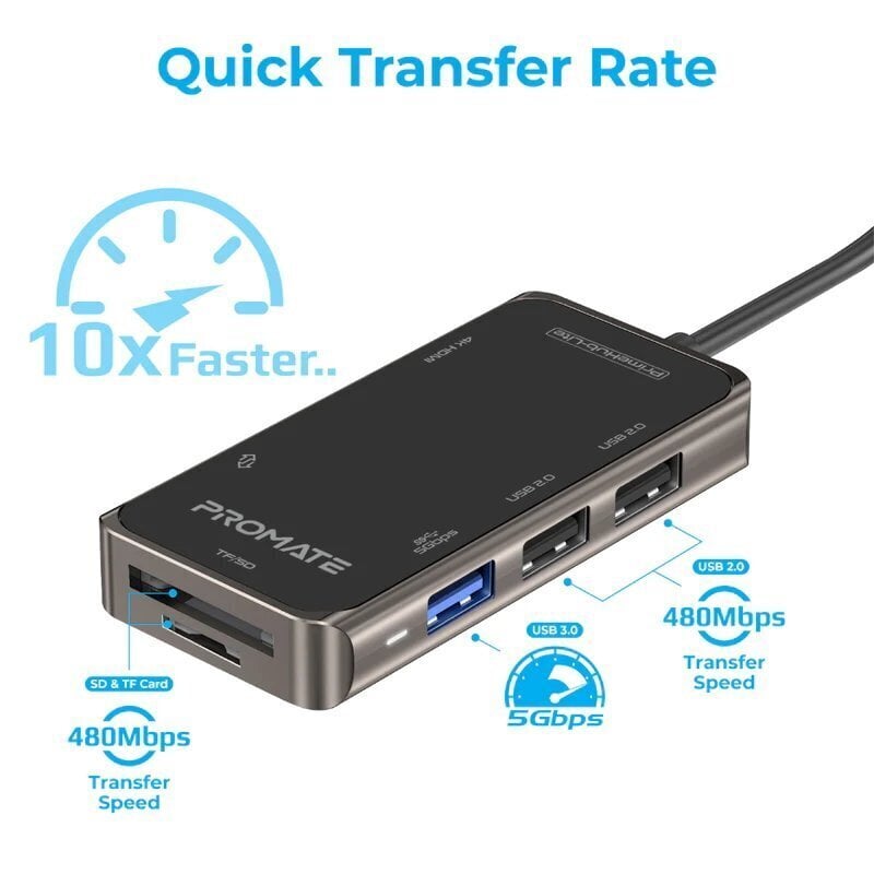 Promate PrimeHub-Lite USB-C multimeediumijaotur, HDMI, USB3.0, SD, PD hind ja info | USB adapterid ja jagajad | hansapost.ee