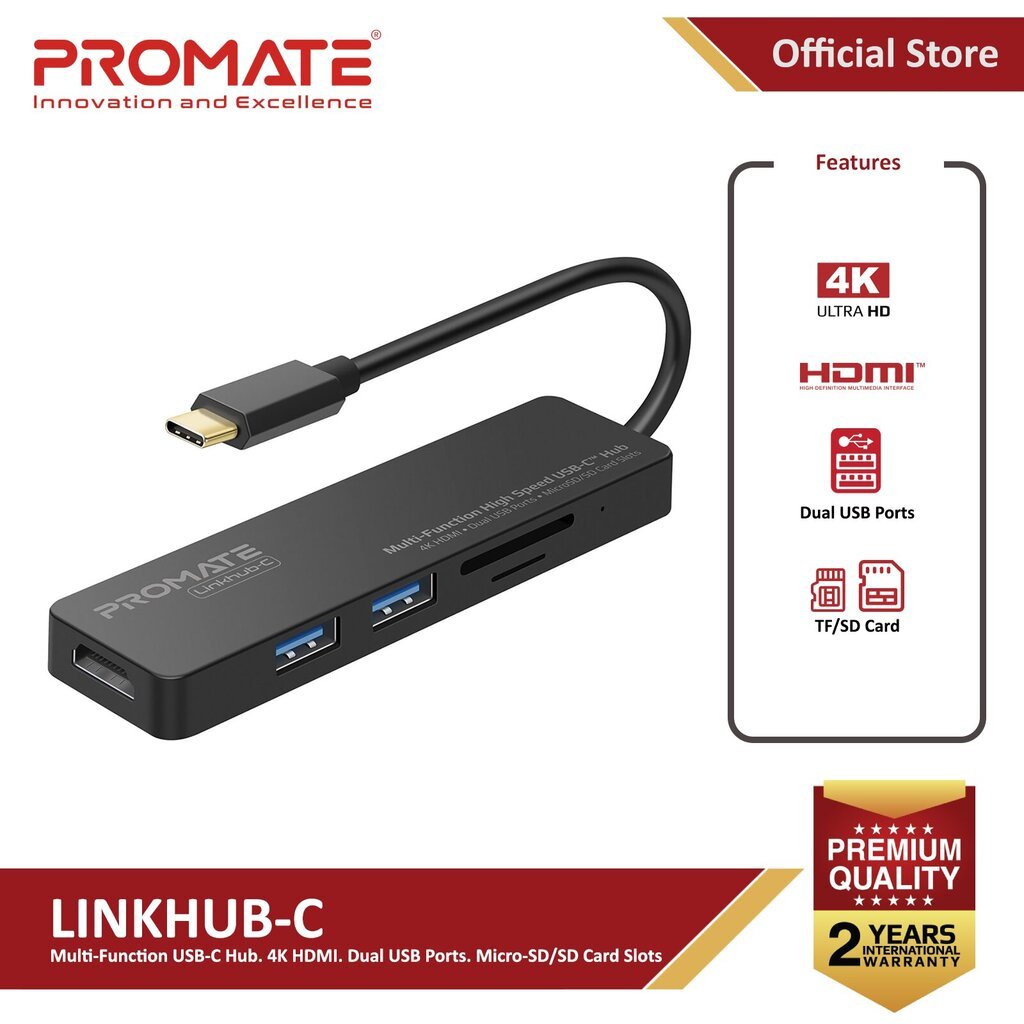 Promate LinkHub-C USB-C – HDMI, 2 x USB 3.0 hind ja info | USB adapterid ja jagajad | hansapost.ee