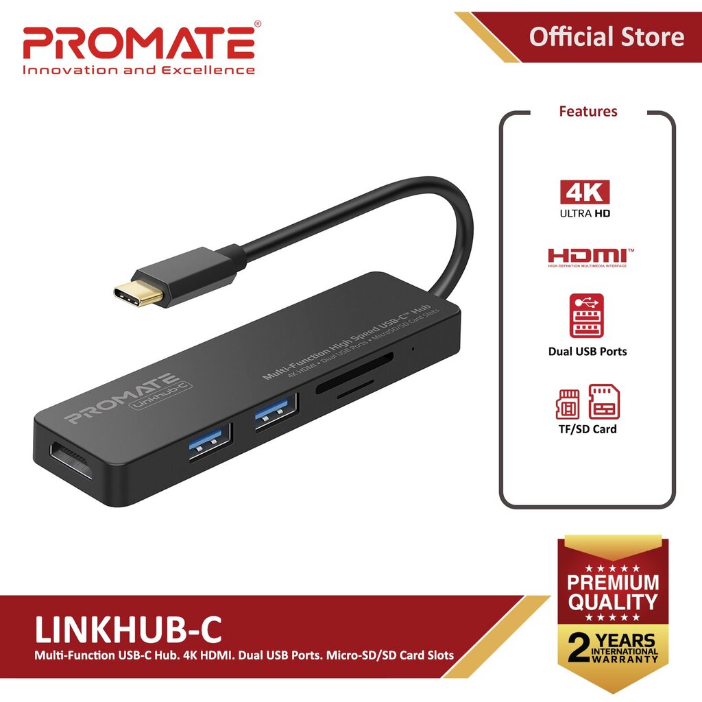 Promate LinkHub-C USB-C – HDMI, 2 x USB 3.0 цена и информация | USB adapterid ja jagajad | hansapost.ee