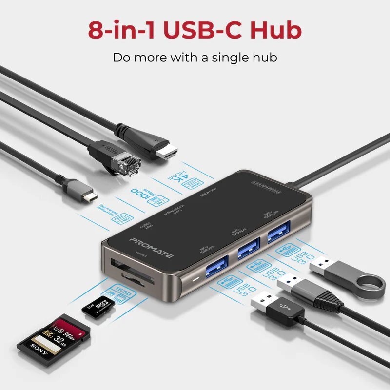 Promate PrimeHub-Mini 8in1 USB-C jaotur HDMI, LAN, SD, 3x USB3.0 цена и информация | USB adapterid ja jagajad | hansapost.ee