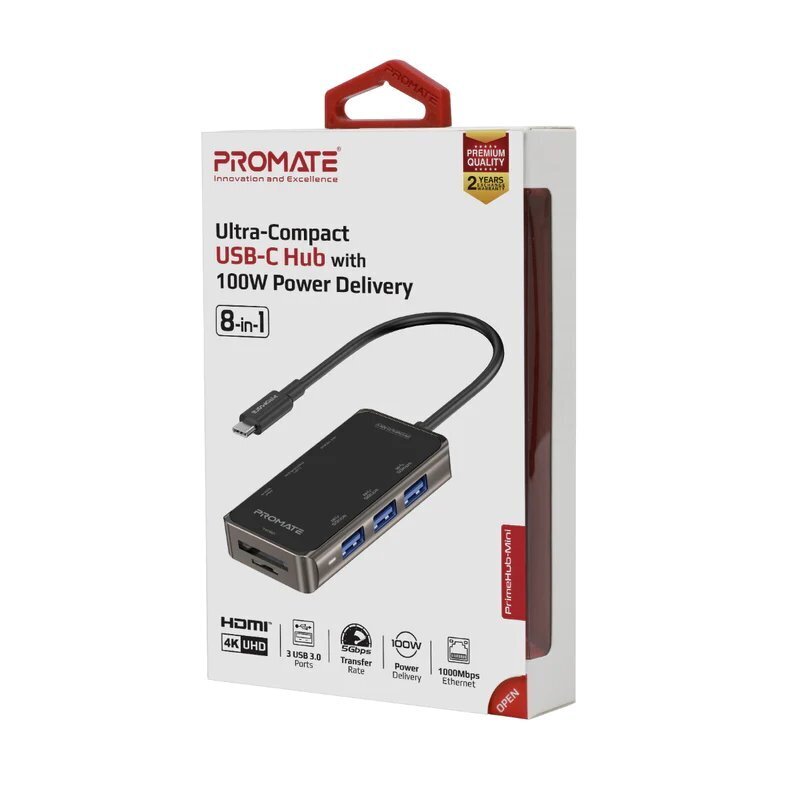 Promate PrimeHub-Mini 8in1 USB-C jaotur HDMI, LAN, SD, 3x USB3.0 hind ja info | USB adapterid ja jagajad | hansapost.ee