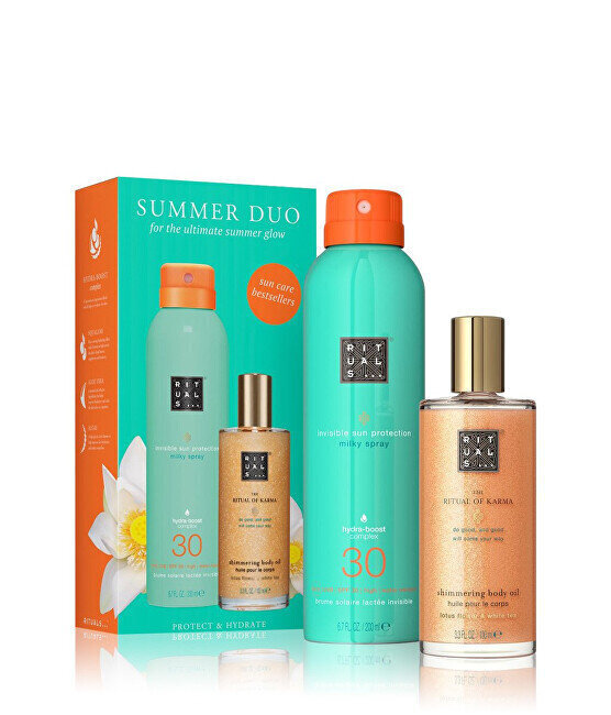 Näo- ja kehahoolduskomplekt Rituals The Ritual of Karma Suncare Set 2023: pihustatav kaitsekreem, Spf 30, 200 ml + kehaõli, 100 ml hind ja info | Päikesekaitse ja päevitusjärgsed kreemid | hansapost.ee