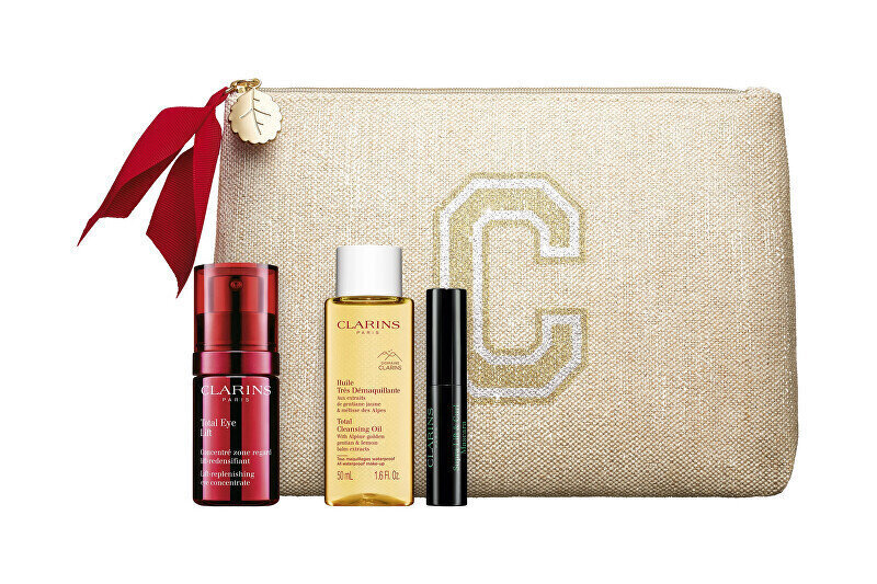 Näohooldustoodete kinkekomplekt Clarins Total Eye Lift Gift Set naistele: silmaümbruskreem Total Eye Lift, 15 ml + meigieemaldusõli Total Clean sing Oil, 50 ml + ripsmetušš Supra Lift & Curl, 3 ml + kosmeetikakott цена и информация | Näokreemid | hansapost.ee