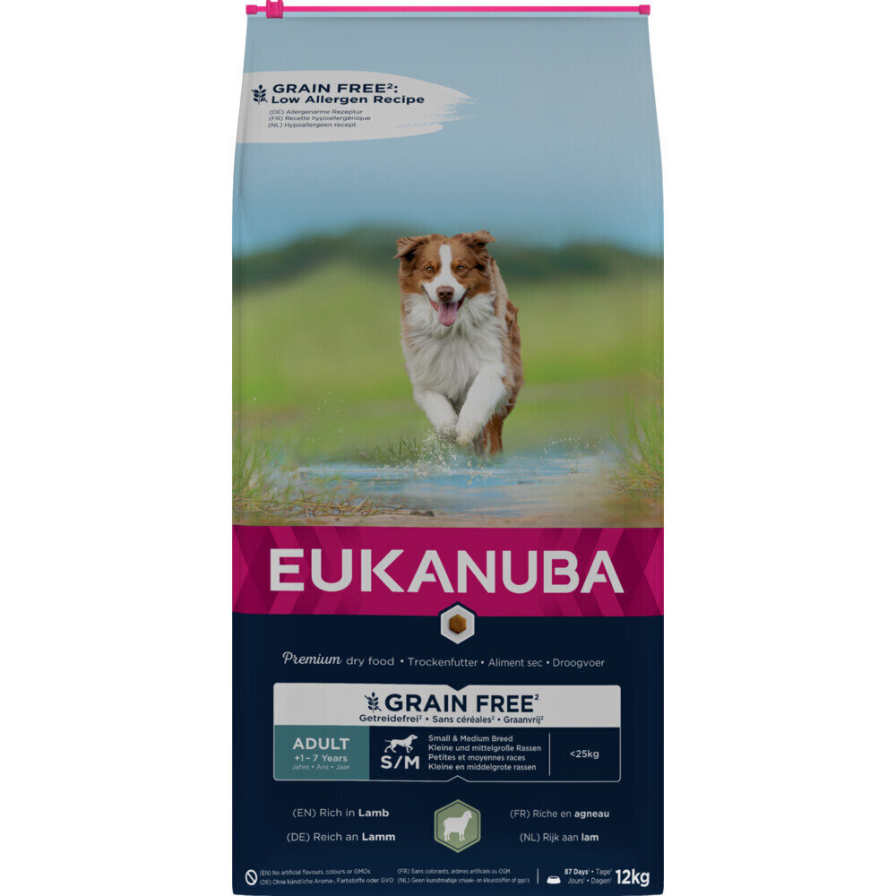 Eukanuba Grain Free S/M Adult väikest ja keskmist tõugu täiskasvanud koertele koos lambalihaga, 12 kg цена и информация | Koerte kuivtoit ja krõbinad | hansapost.ee