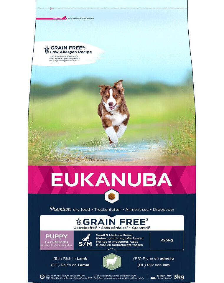 Eukanuba Grain Free S/M Puppy väikest ja keskmist tõugu kutsikatele koos lambalihaga, 12 kg цена и информация | Koerte kuivtoit ja krõbinad | hansapost.ee
