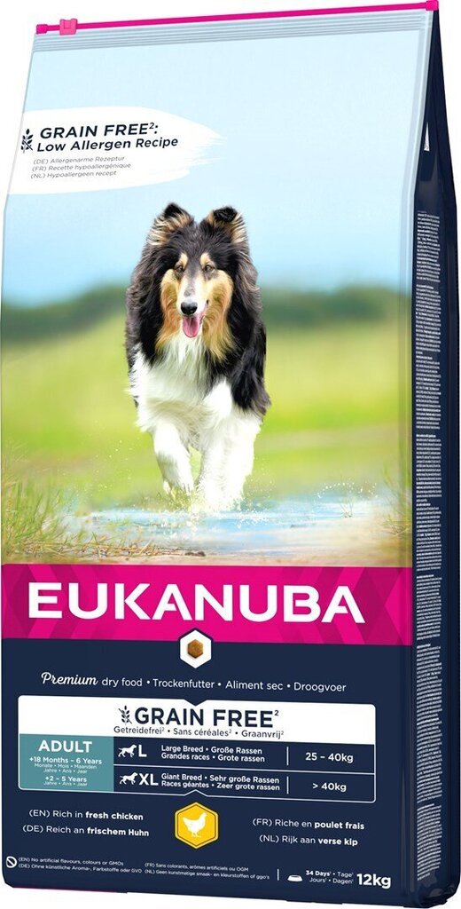 Eukanuba Adult Grain Free L suurt tõugu koertele koos kanaga, 12 kg цена и информация | Koerte kuivtoit ja krõbinad | hansapost.ee