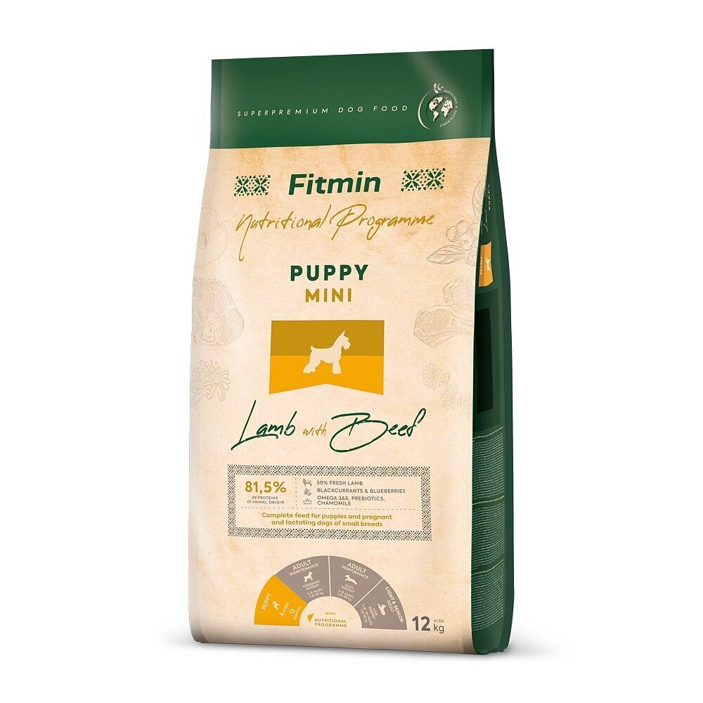 Fitmin Dog Nutritional Programme Mini Puppy väikest tõugu kutsikatele koos lamba- ja veiselihaga, 12 kg hind ja info | Koerte kuivtoit ja krõbinad | hansapost.ee
