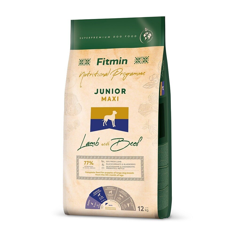 Fitmin Dog Nutritional Programme Maxi Junior suurt tõugu kutsikatele koos lamba- ja veiselihaga 12 kg hind ja info | Koerte kuivtoit ja krõbinad | hansapost.ee