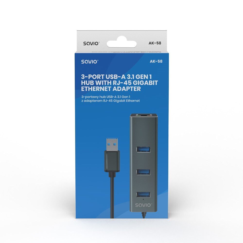 Savio 3-port USB-A 3.1 Gen 1 RJ-45 Gigabit Ethernet hind ja info | USB adapterid ja jagajad | hansapost.ee
