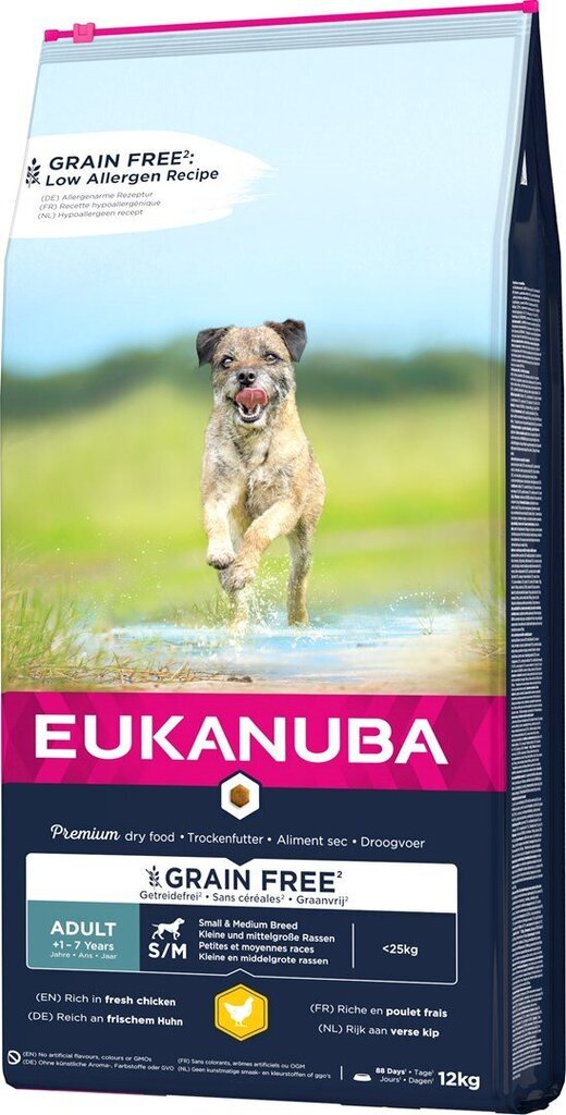 Eukanuba Grain Free Adult small/medium breed väikeste/keskmiste tõugude täiskasvanud koertele, kanaga, 12 kg цена и информация | Koerte kuivtoit ja krõbinad | hansapost.ee