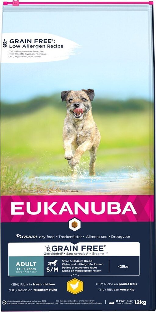 Eukanuba Grain Free Adult small/medium breed väikeste/keskmiste tõugude täiskasvanud koertele, kanaga, 12 kg цена и информация | Koerte kuivtoit ja krõbinad | hansapost.ee