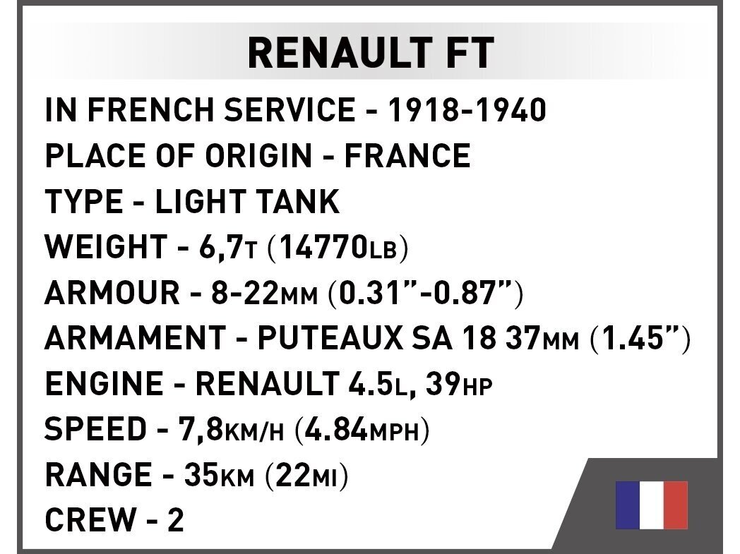 Konstruktorid Cobi Renault FT, 1/35, 2991 цена и информация | Klotsid ja konstruktorid | hansapost.ee