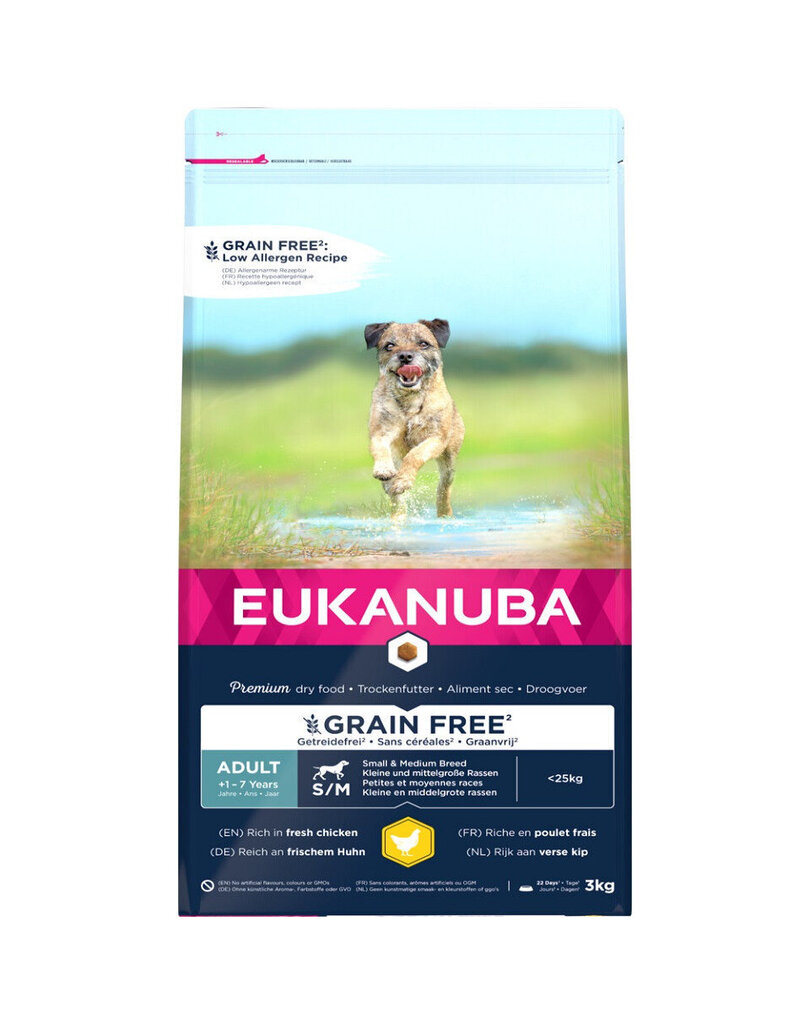 Eukanuba Adult Grain Free S/M väikest ja keskmist tõugu koertele, 3 kg цена и информация | Koerte kuivtoit ja krõbinad | hansapost.ee