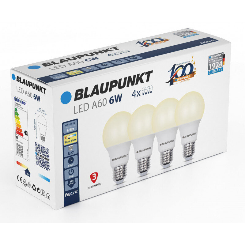 Blaupunkt LED pirnid E27 6W 4tk, soe valge цена и информация | Lambipirnid ja LED-pirnid | hansapost.ee