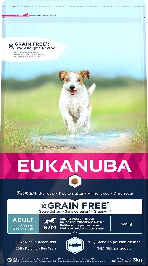 Eukanuba Grain Free väikeste ja keskmiste tõugude täiskasvanud koertele, 3 kg цена и информация | Koerte kuivtoit ja krõbinad | hansapost.ee