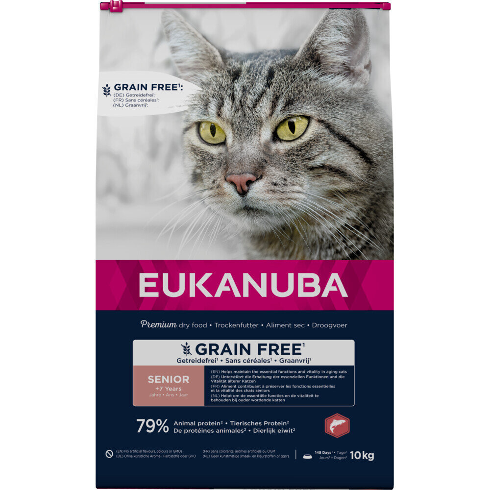 Eukanuba Grain Free Senior vanematele kassidele lõhega, 10 kg цена и информация | Kassi kuivtoit ja kassikrõbinad | hansapost.ee