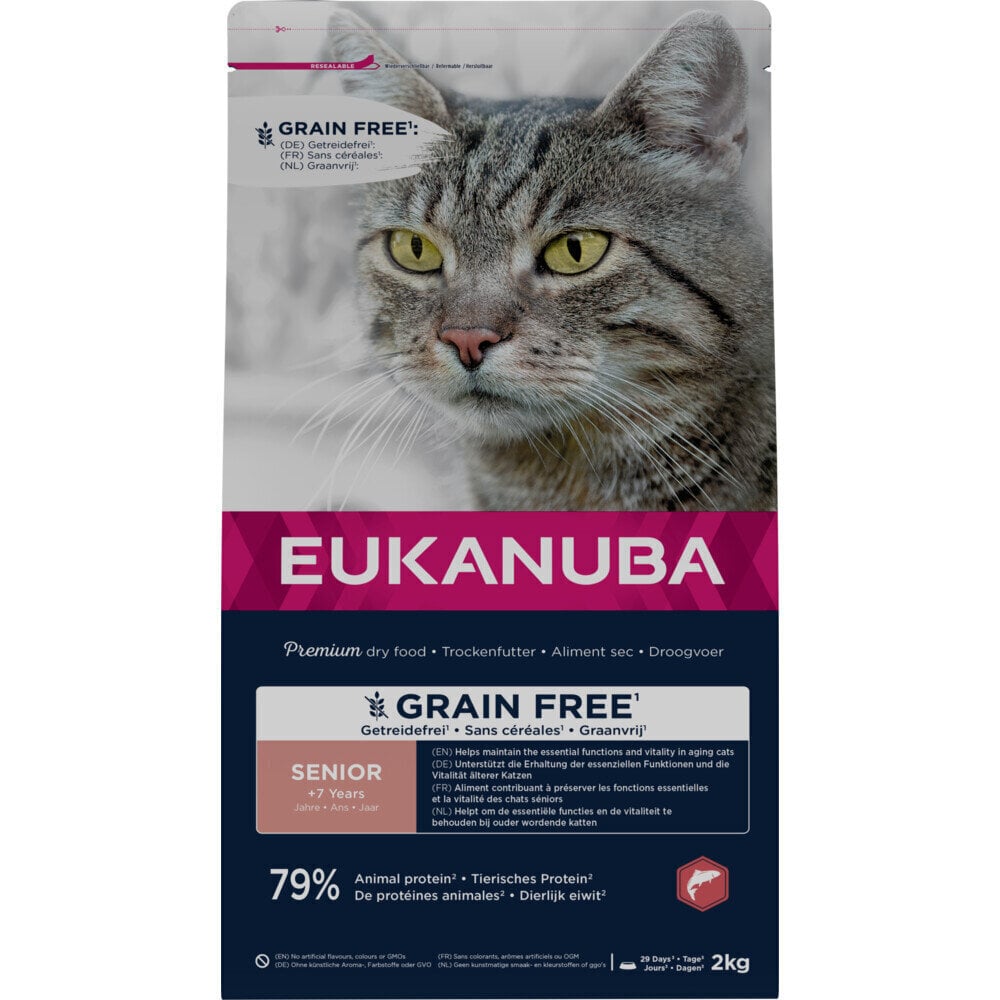 Eukanuba Grain Free Senior vanematele kassidele lõhega, 2 kg цена и информация | Kassi kuivtoit ja kassikrõbinad | hansapost.ee