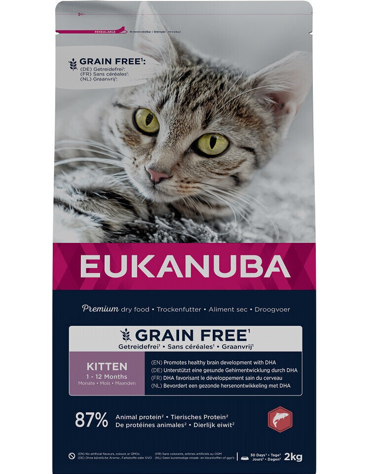 Eukanuba Grain Free Kitten lõhega kassipoegadele, 2 kg цена и информация | Kassi kuivtoit ja kassikrõbinad | hansapost.ee