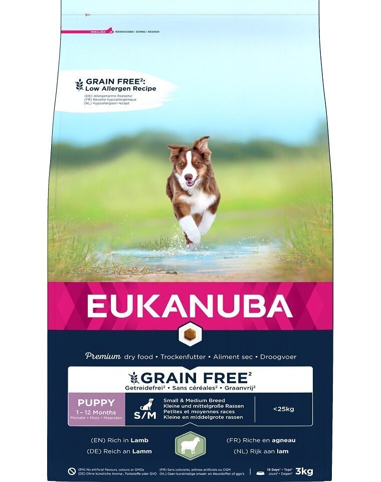 Eukanuba Grain Free S/M Puppy väikest ja keskmist tõugu kutsikatele koos lambalihaga, 3 kg цена и информация | Koerte kuivtoit ja krõbinad | hansapost.ee