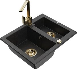 Granitinė virtuvinė plautuvė Mexen Carlos su maišytuvu ir sifonu, Metallic black/silver+Gold цена и информация | Раковины на кухню | hansapost.ee