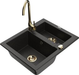 Granitinė virtuvinė plautuvė Mexen Carlos su maišytuvu ir sifonu, Metallic black/gold+Gold цена и информация | Раковины на кухню | hansapost.ee