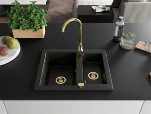 Granitinė virtuvinė plautuvė Mexen Carlos su maišytuvu ir sifonu, Metallic black/gold+Gold цена и информация | Раковины на кухню | hansapost.ee