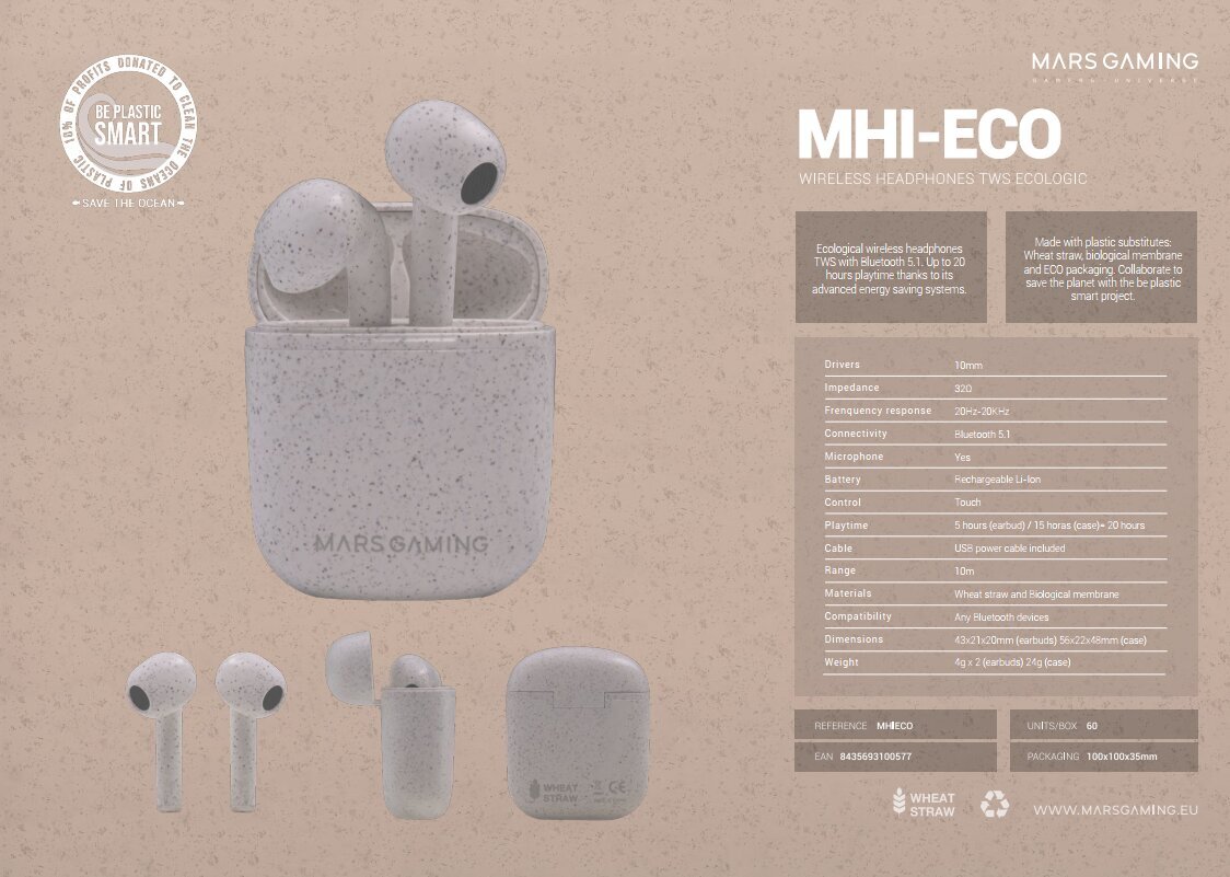 Mars Gaming MHI-ECO Environmentally Friendly Wireless TWS Headset цена и информация | Handsfree seadmed | hansapost.ee