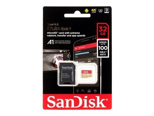 SanDisk Extreme microSDHC 32 GB 100 / 60 MB / s V30 A1 U3 4K mälukaart цена и информация | Mälukaardid mobiiltelefonidele | hansapost.ee