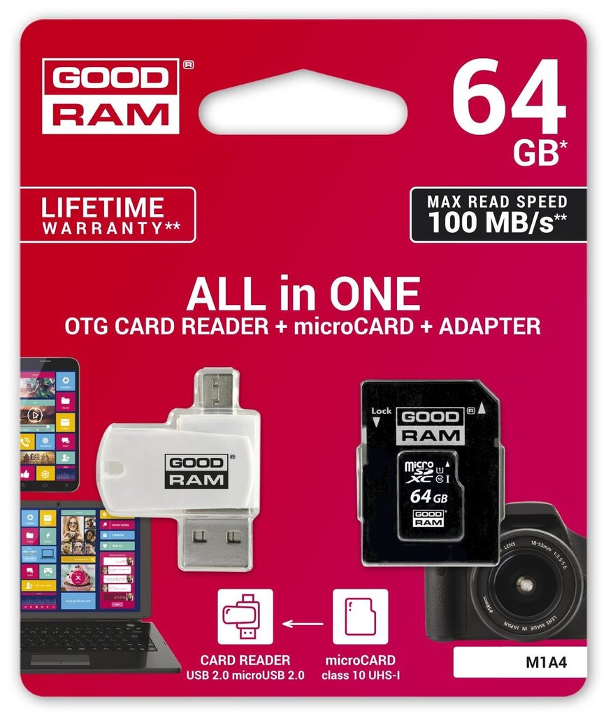 Mälukaart GoodRam microSDHC 64 GB CL10 + adapter + kaardilugeja hind ja info | Mälukaardid mobiiltelefonidele | hansapost.ee