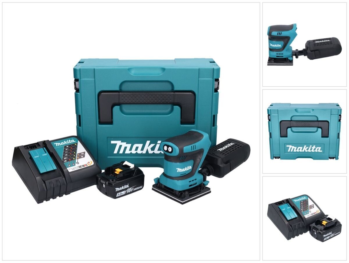 Juhtmeta orbitaallihvmasin Makita DBO 480 RT1J 18 V 112 x 102 mm + 1x aku 5,0 Ah + laadija + Makpac hind ja info | Lihvmasinad | hansapost.ee