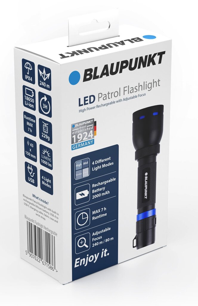 Taskulamp Blaupunkt LED Patrol 1000lm IPX4 Natural 10W 4000K цена и информация | Pealambid, matkalambid | hansapost.ee