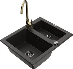 Granitinė virtuvinė plautuvė Mexen Carlos su maišytuvu ir sifonu, Metallic black/gold+Gold(B) цена и информация | Раковины на кухню | hansapost.ee