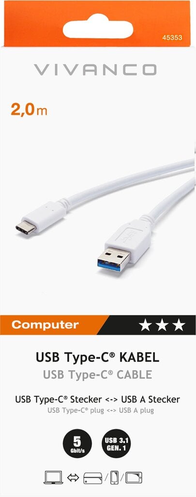Vivanco kaabel USB-C – USB-A 2m (45353) hind ja info | Mobiiltelefonide kaablid | hansapost.ee