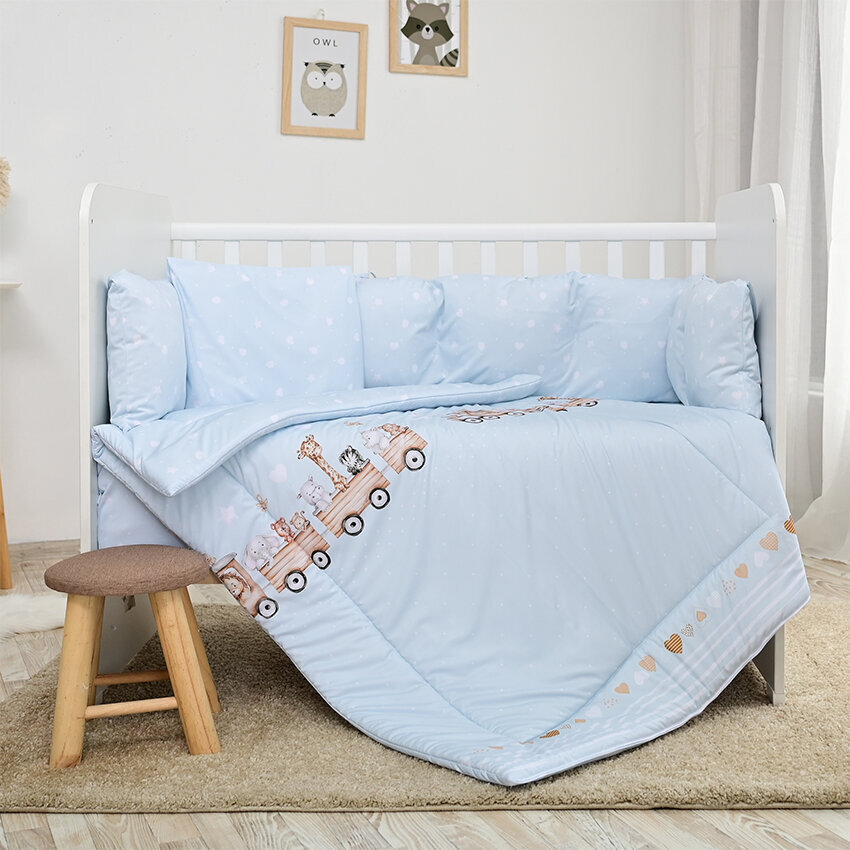Lorelli laste voodipesukomplekt Lily Train Blue, 60x120 cm, 7-osaline hind ja info | Laste voodipesu | hansapost.ee