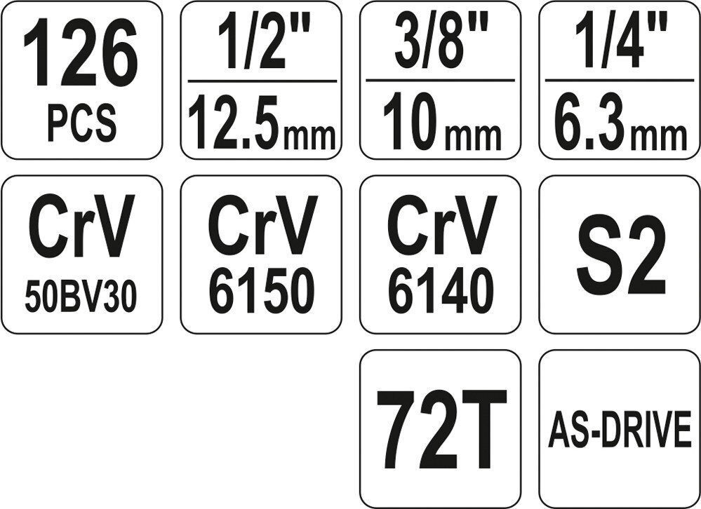 Tööriistakomplekt 1/4 , 1/2, 3/8 (126 tk) YT-38875 Yato цена и информация | Käsitööriistad | hansapost.ee