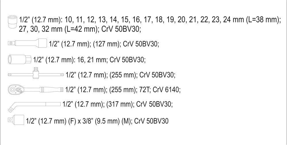 Tööriistakomplekt 1/2 (25tk.) YT-38741 YATO цена и информация | Käsitööriistad | hansapost.ee