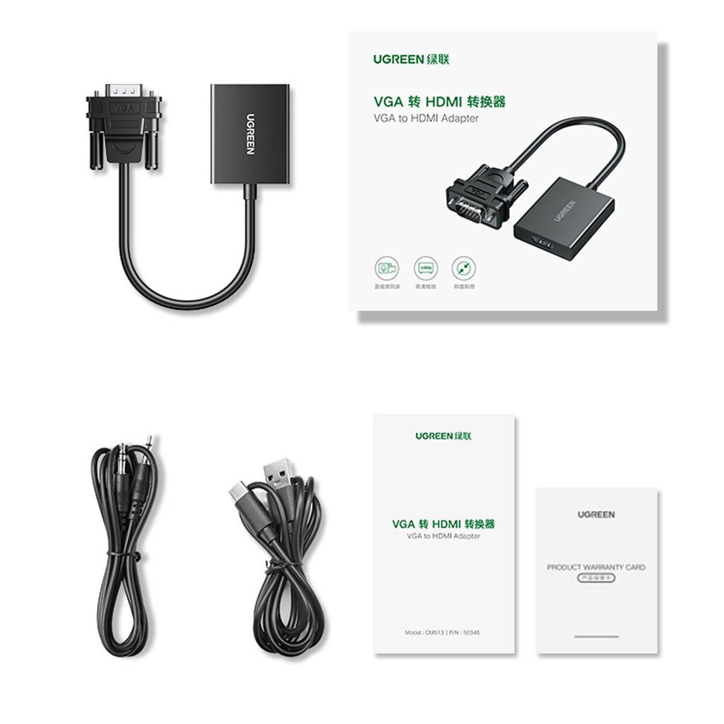 Ugreen cable adapter cable VGA (male) - HDMI (female) 0.15m black (CM513) hind ja info | USB adapterid ja jagajad | hansapost.ee